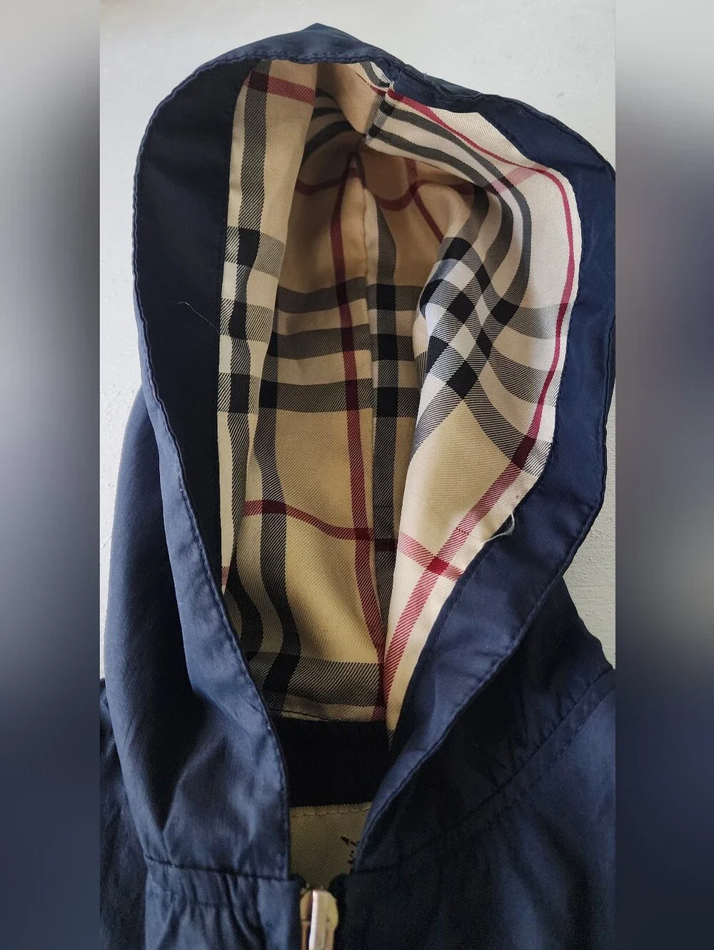 Navy Hooded Raincoat with Beige Check Hood Lining